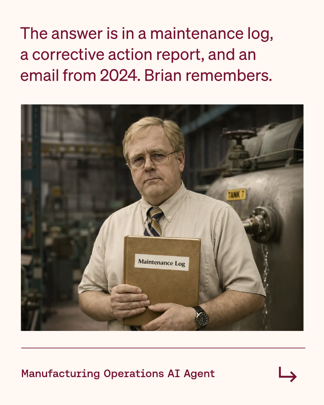 Slide 4 — The answer is in a maintenance log, a corrective action report, and an email from 2024. Brian remembers.