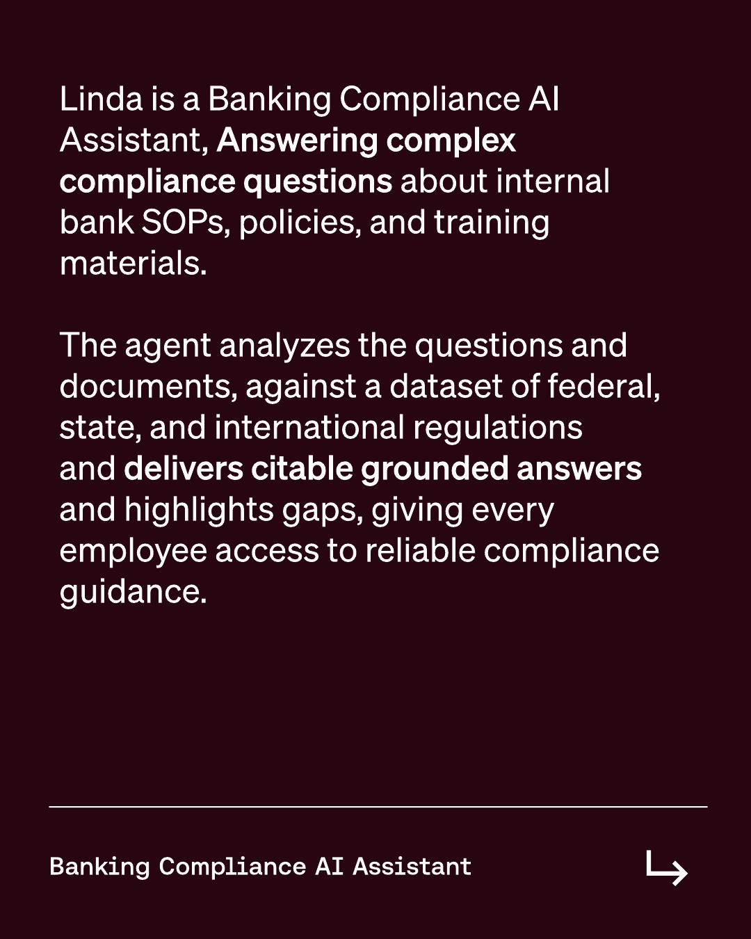 Slide 2 — What Linda does: citable, grounded answers to complex compliance questions