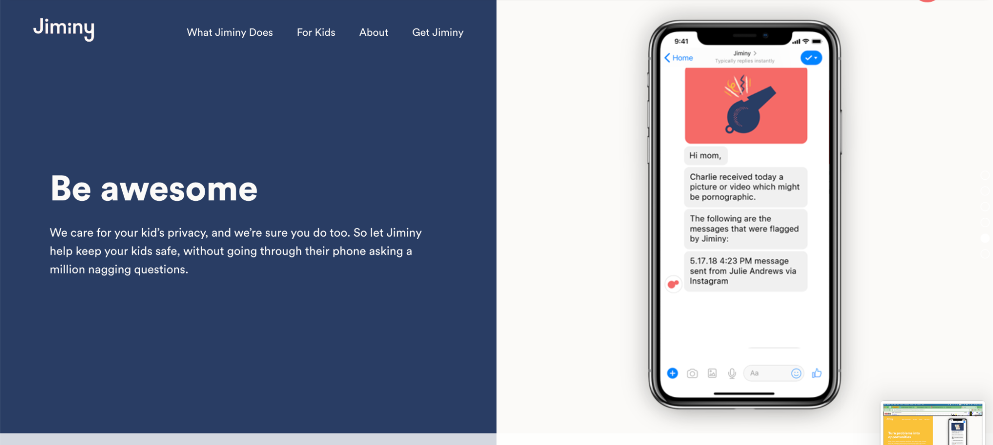 Jiminy site: Be awesome — privacy-first parenting.