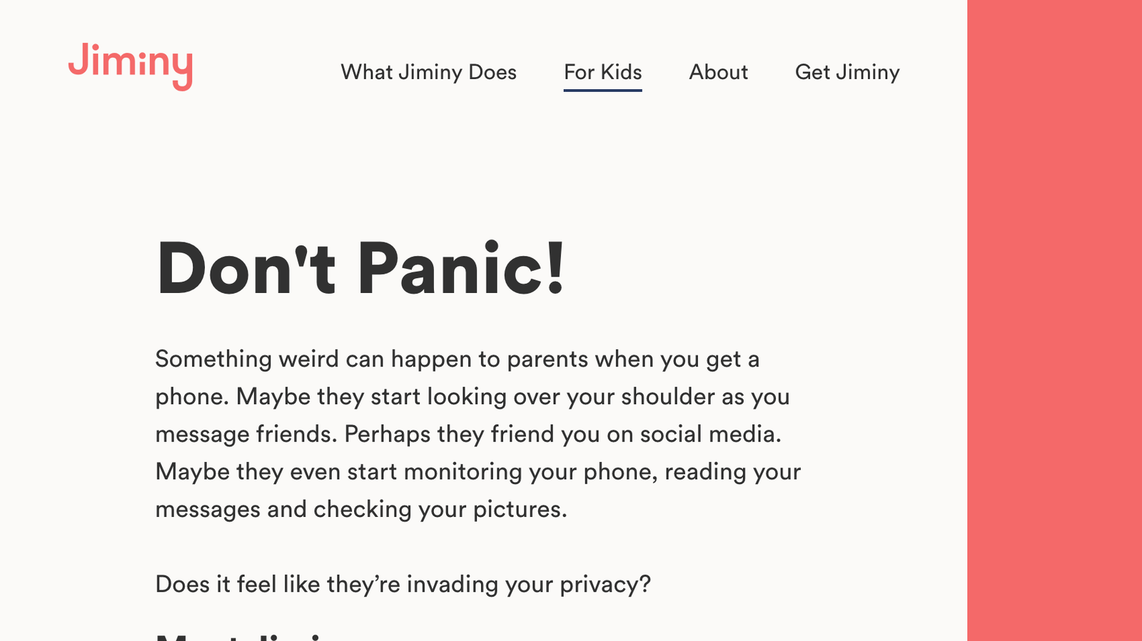 Jiminy ‘For Kids’ page: Don’t Panic! — copy written directly to the child.